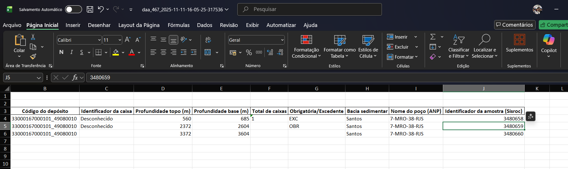 Planilha com coluna Identificador da amostra (Sisroc)