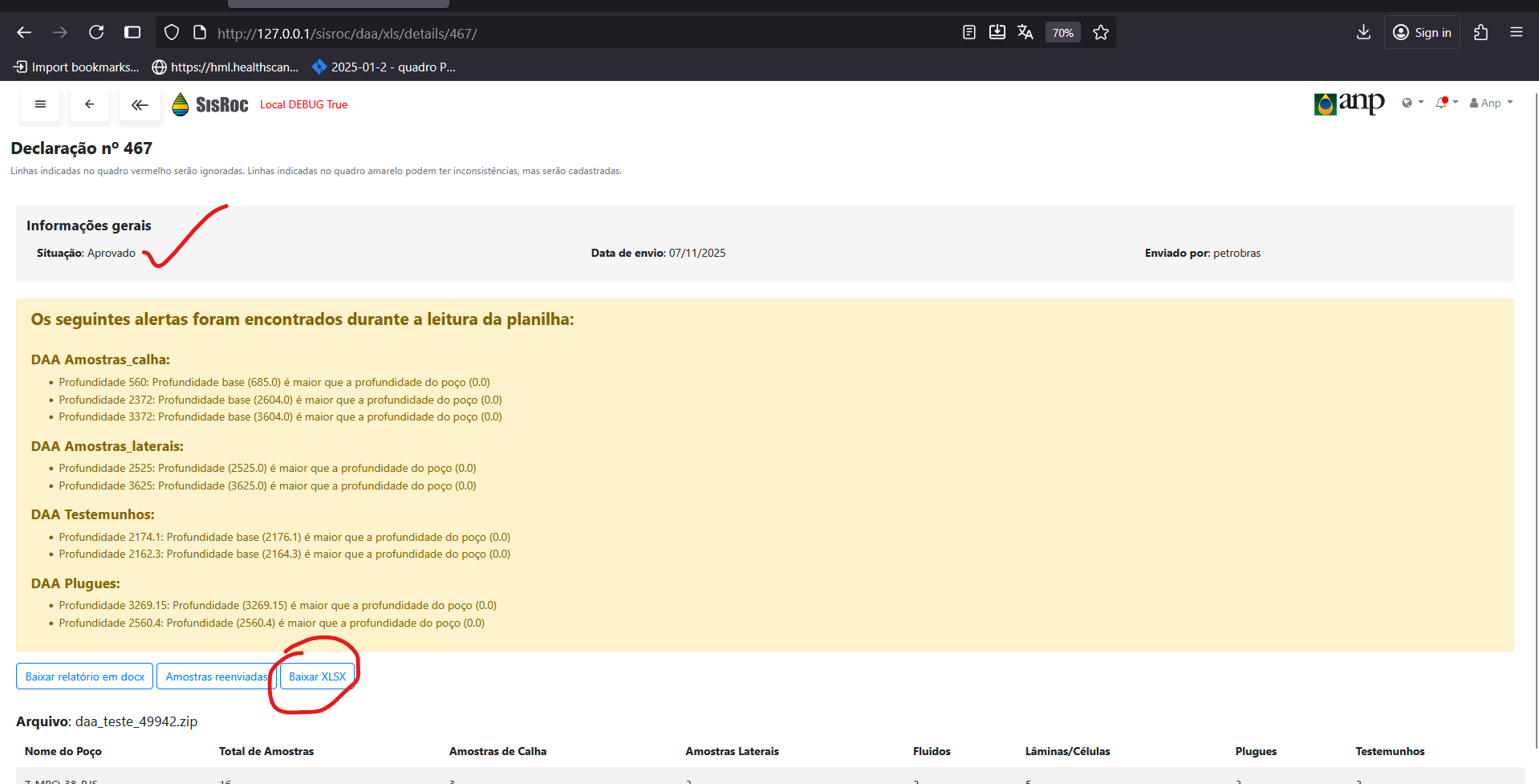 Botão Baixar XLSX de DAA aprovadas